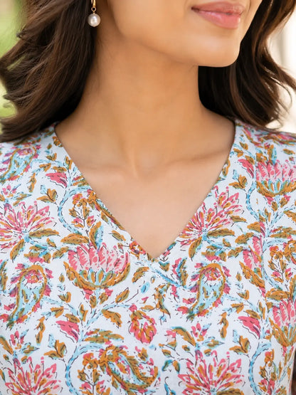 Closeup neck design of Rabric women light blue floral cambric cotton V neck short top with soft premium fabric texture