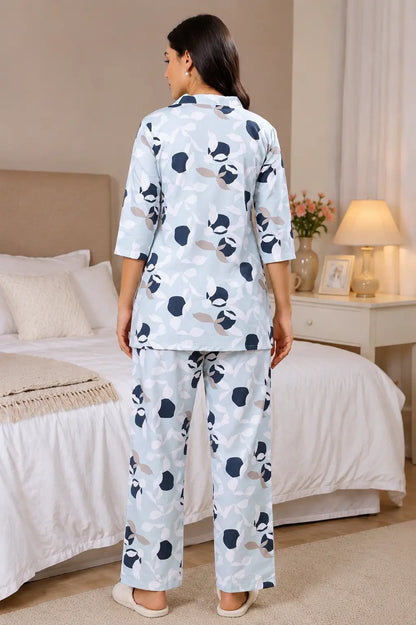 Back view of Rabric light blue glace cotton women lounge wear night suit co-ord set with floral print