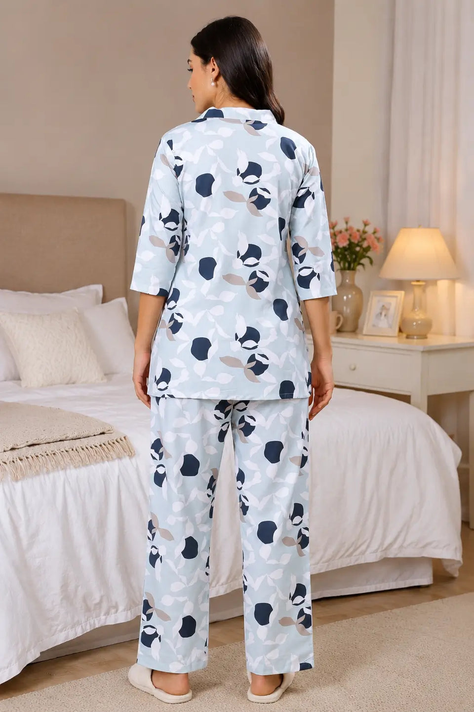 Back view of Rabric light blue glace cotton women lounge wear night suit co-ord set with floral print