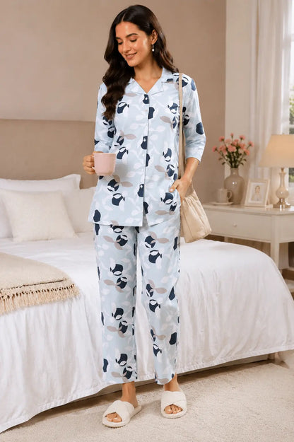 Rabric light blue glace cotton women luxury nightwear co-ord set lifestyle image in cozy bedroom