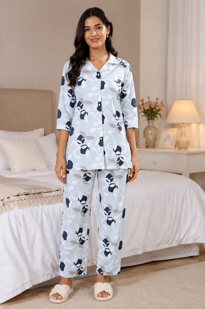 Rabric light blue glace cotton women night suit co-ord set front view with floral print and 3/4 sleeves