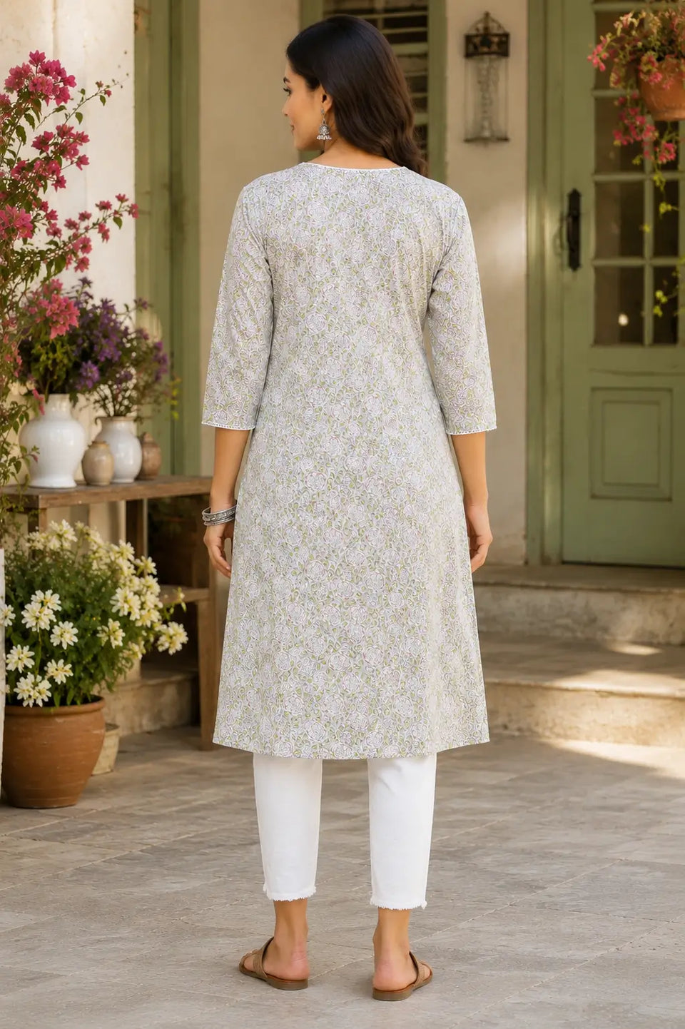 Back view of Rabric women light green floral cotton A-line kurti with elegant print and comfortable daily wear design
