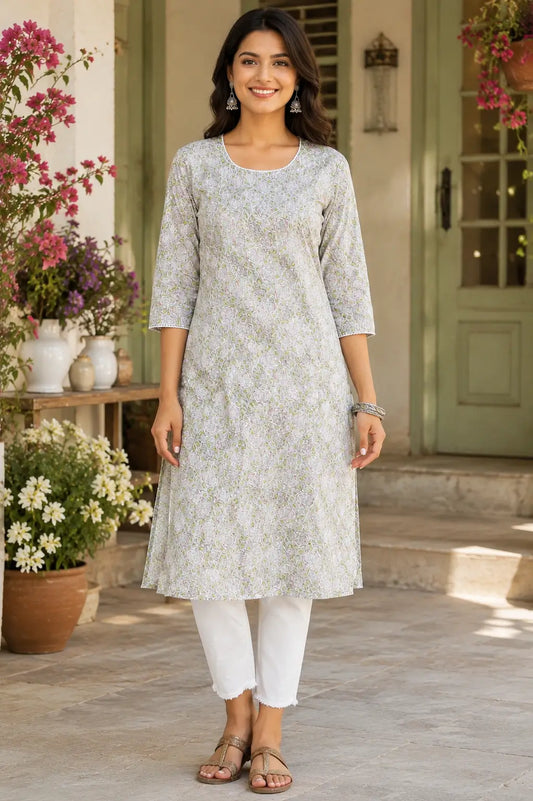 Rabric women light green floral cotton kurti front view with 3/4 sleeves and stylish round neck long ethnic kurta for casual wear
