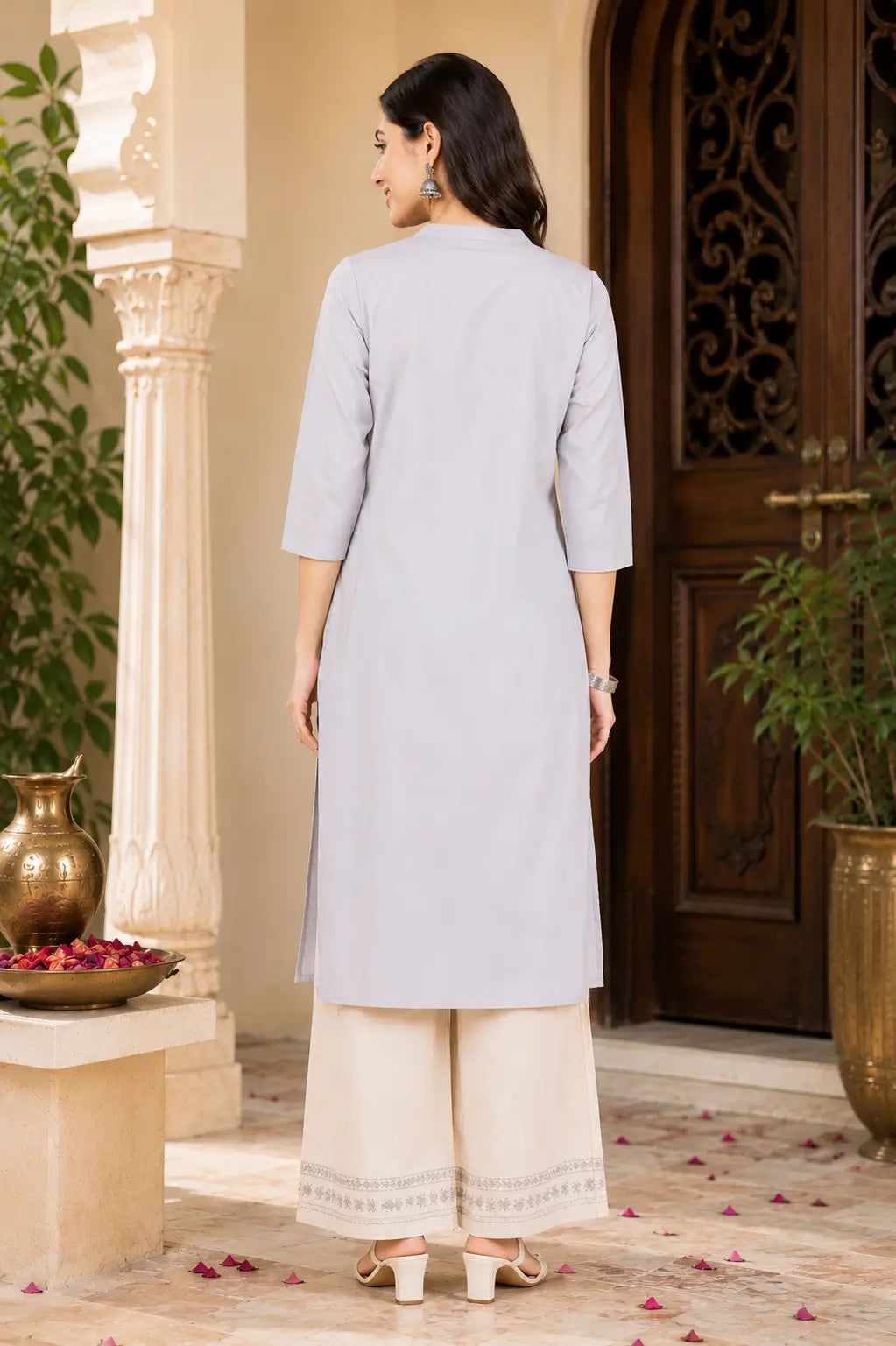 Back side view of Rabric light grey popline cotton women kurti with elegant straight fit and comfortable ethnic styling