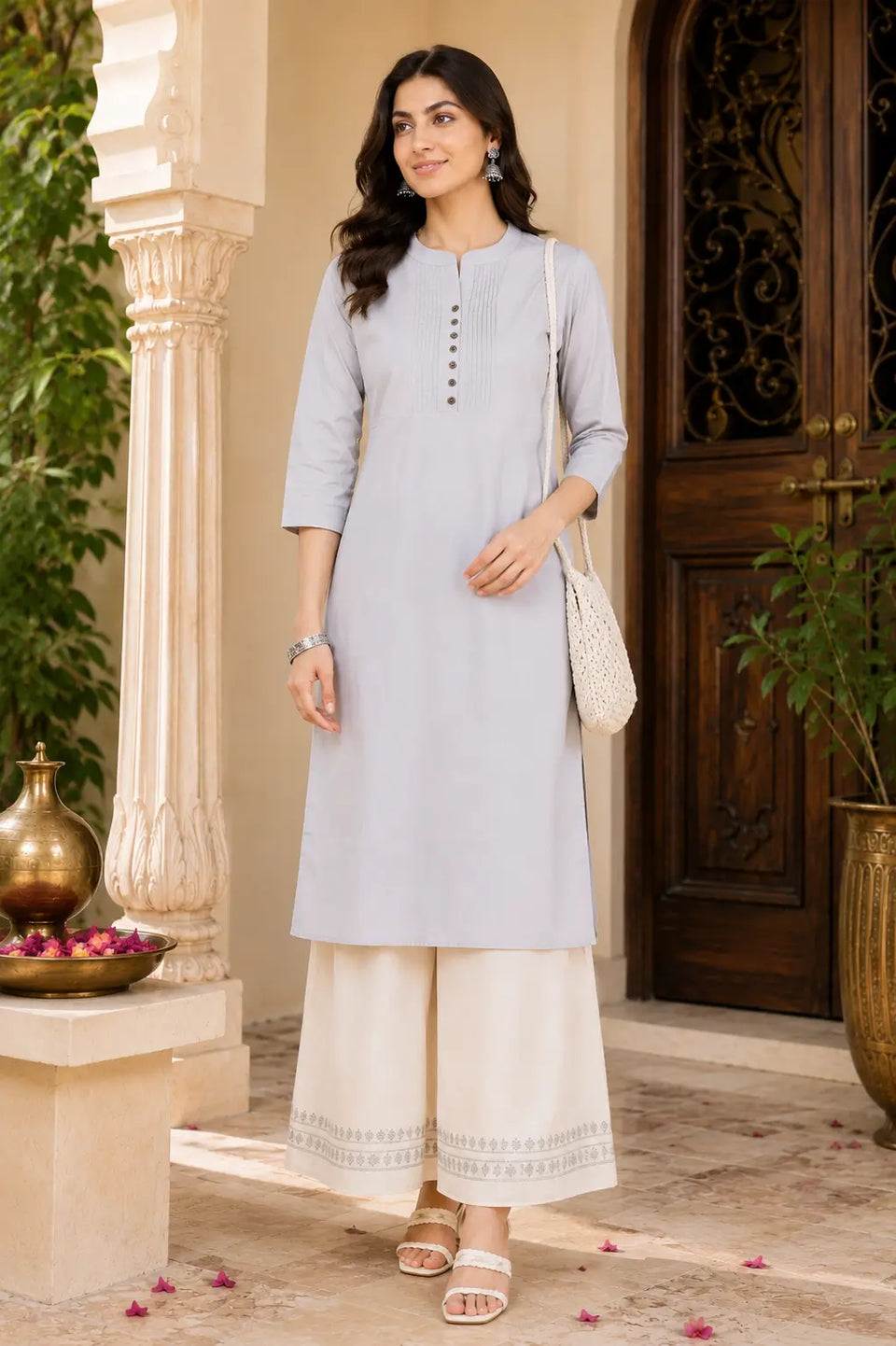 Rabric light grey popline cotton women kurti front view with stylish cream palazzo pants and 3-4 sleeves ethnic casual wear