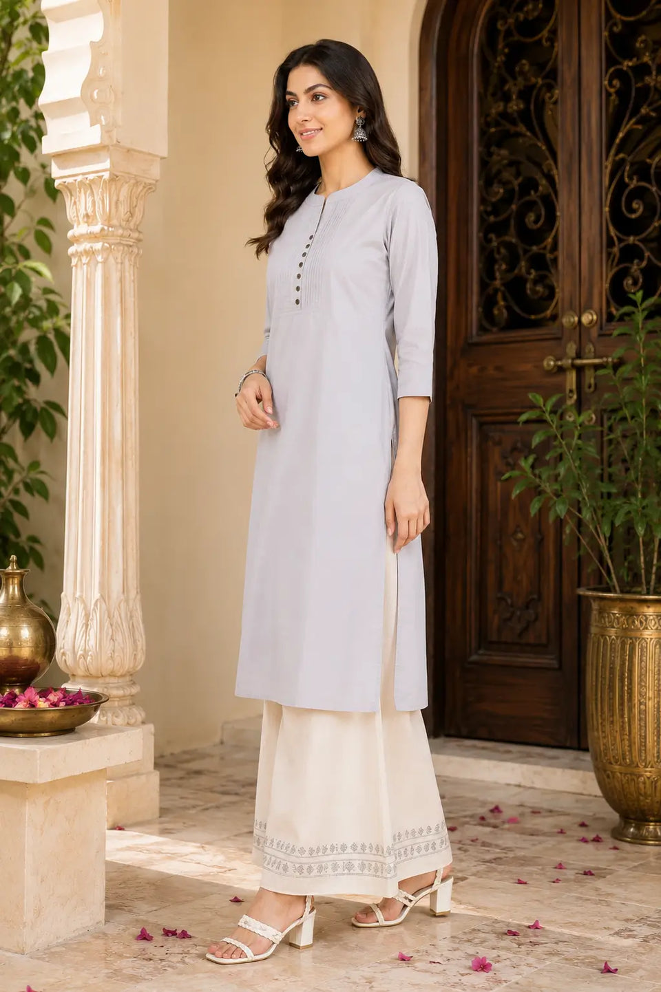 Side angle view of Rabric light grey popline cotton women kurti paired with cream palazzo for stylish ethnic fashion