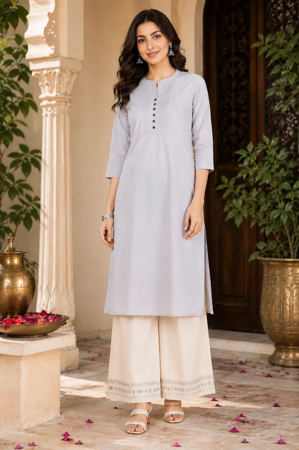 Rabric light grey popline cotton lifestyle women kurti image with casual ethnic accessories and trendy palazzo styling
