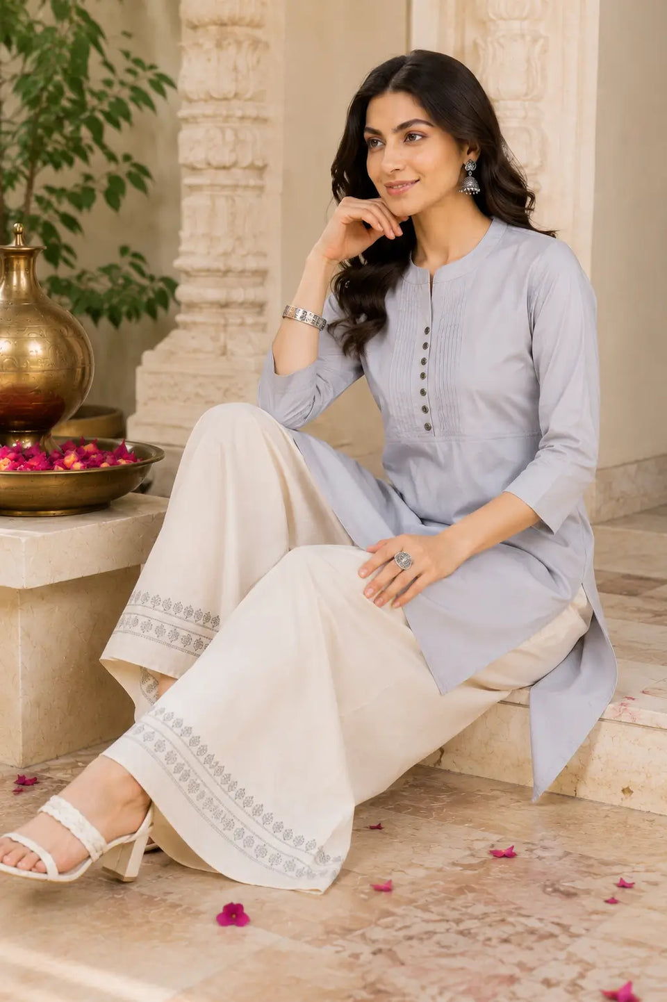 Rabric light grey popline cotton women kurti in elegant sitting pose with silver accessories and cream palazzo pants