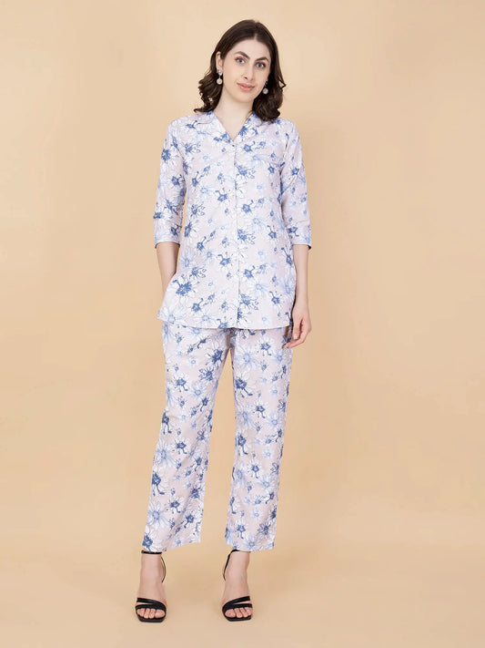 Woman wearing Rabric light pink floral printed cotton co-ord set front view