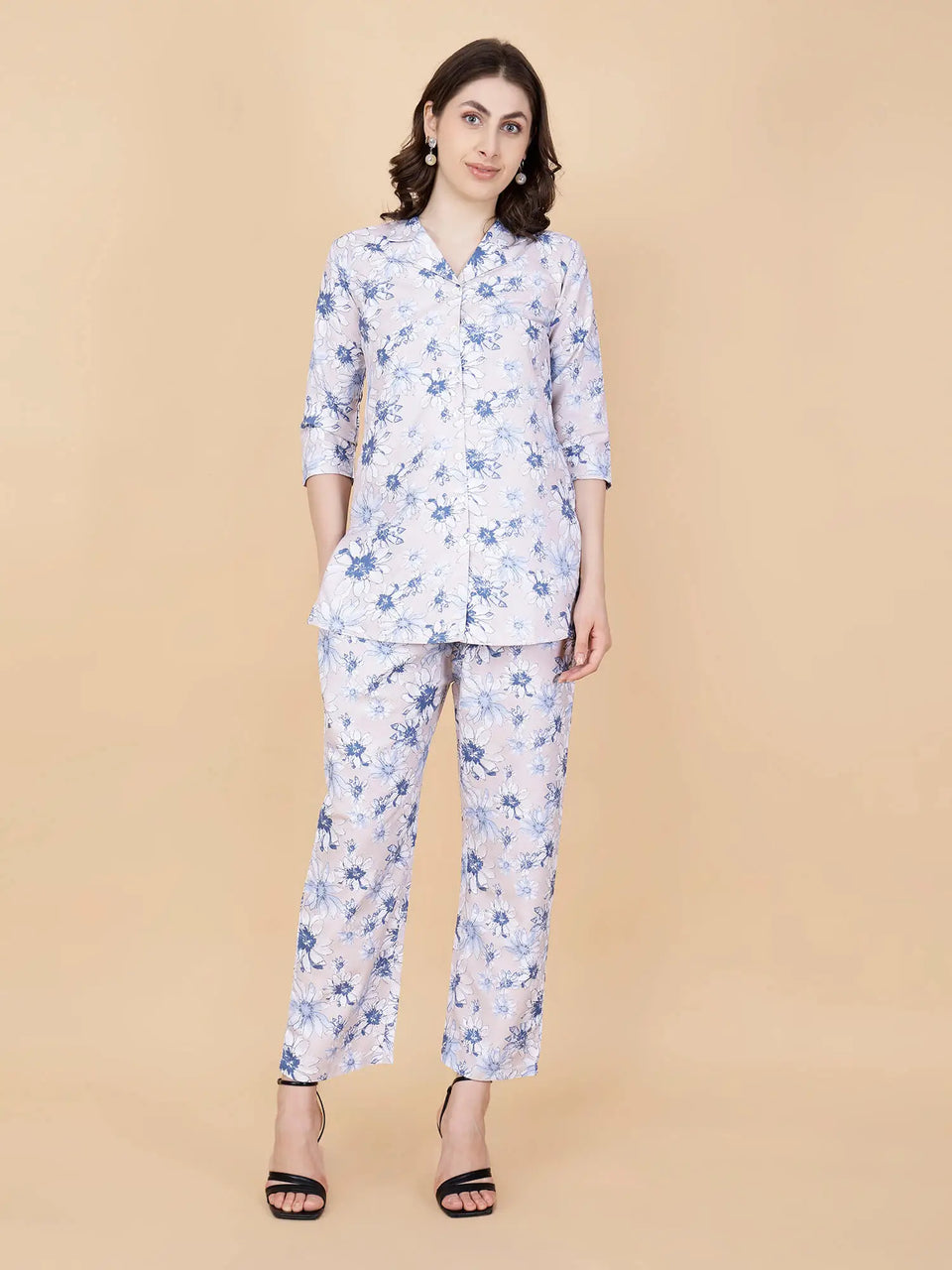 Woman wearing Rabric light pink floral printed cotton co-ord set front view