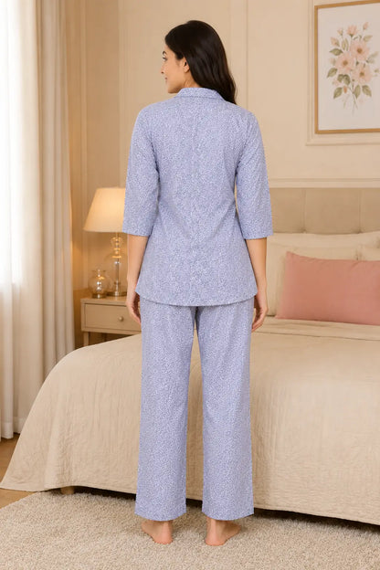 Back view of Rabric light purple glace cotton women nightwear co-ord pajama set with relaxed fit lounge pants