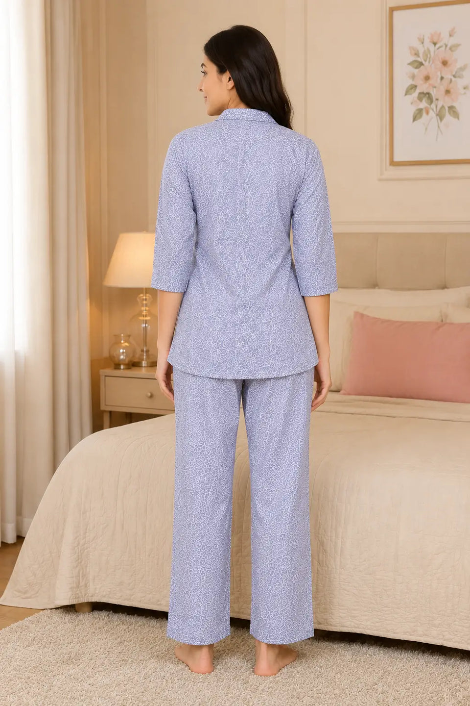 Back view of Rabric light purple glace cotton women nightwear co-ord pajama set with relaxed fit lounge pants