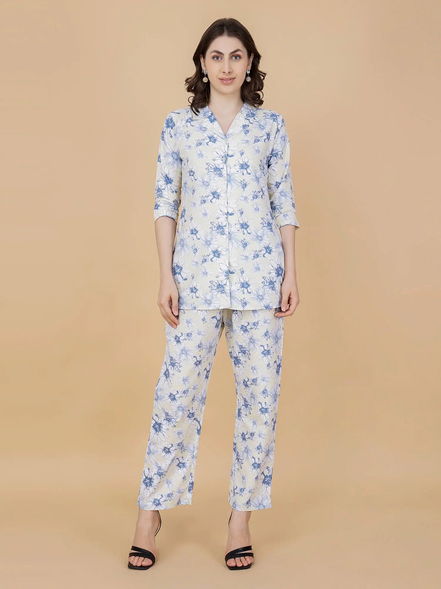 Front View of Light Yellow Blue Floral Printed Cotton Co-ord Set by Rabric