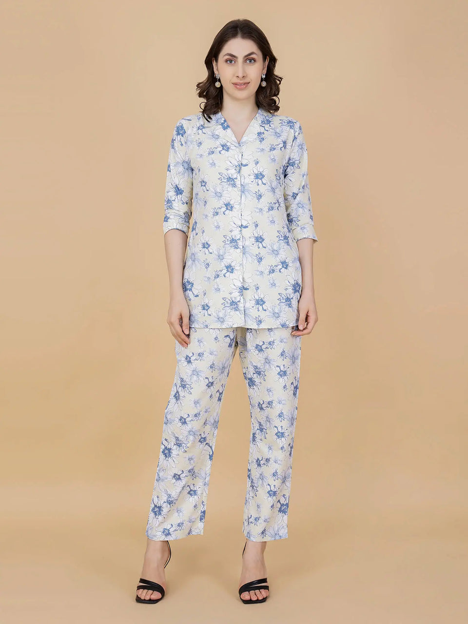 Front View of Light Yellow Blue Floral Printed Cotton Co-ord Set by Rabric