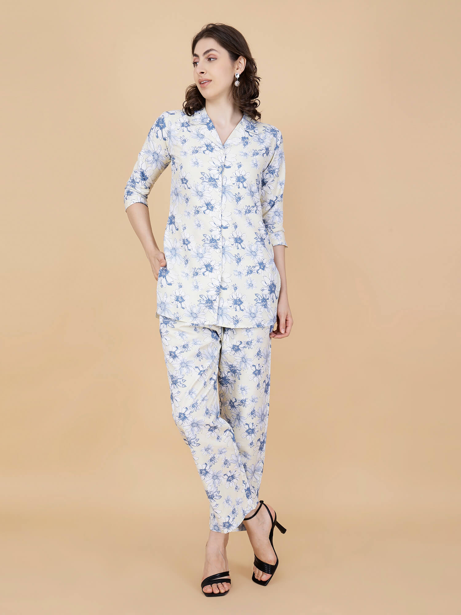 Side View of Light Yellow Blue Floral Printed Co-ord Set for Women