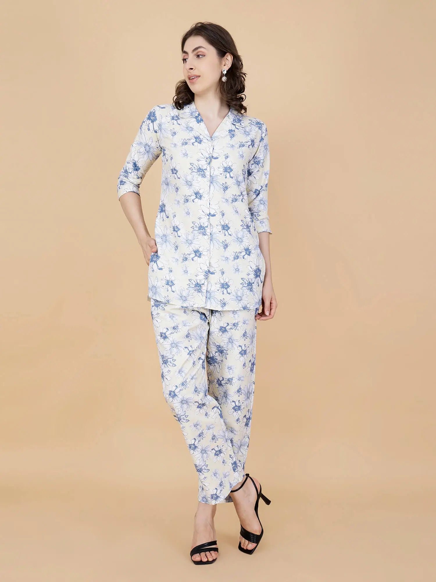 Comfortable Loungewear Look in Rabric Light Yellow Blue Floral Printed Co-ord Set