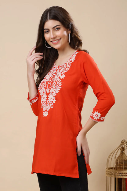 Lightweight red Crepe short kurti for women ideal for college and daily wear