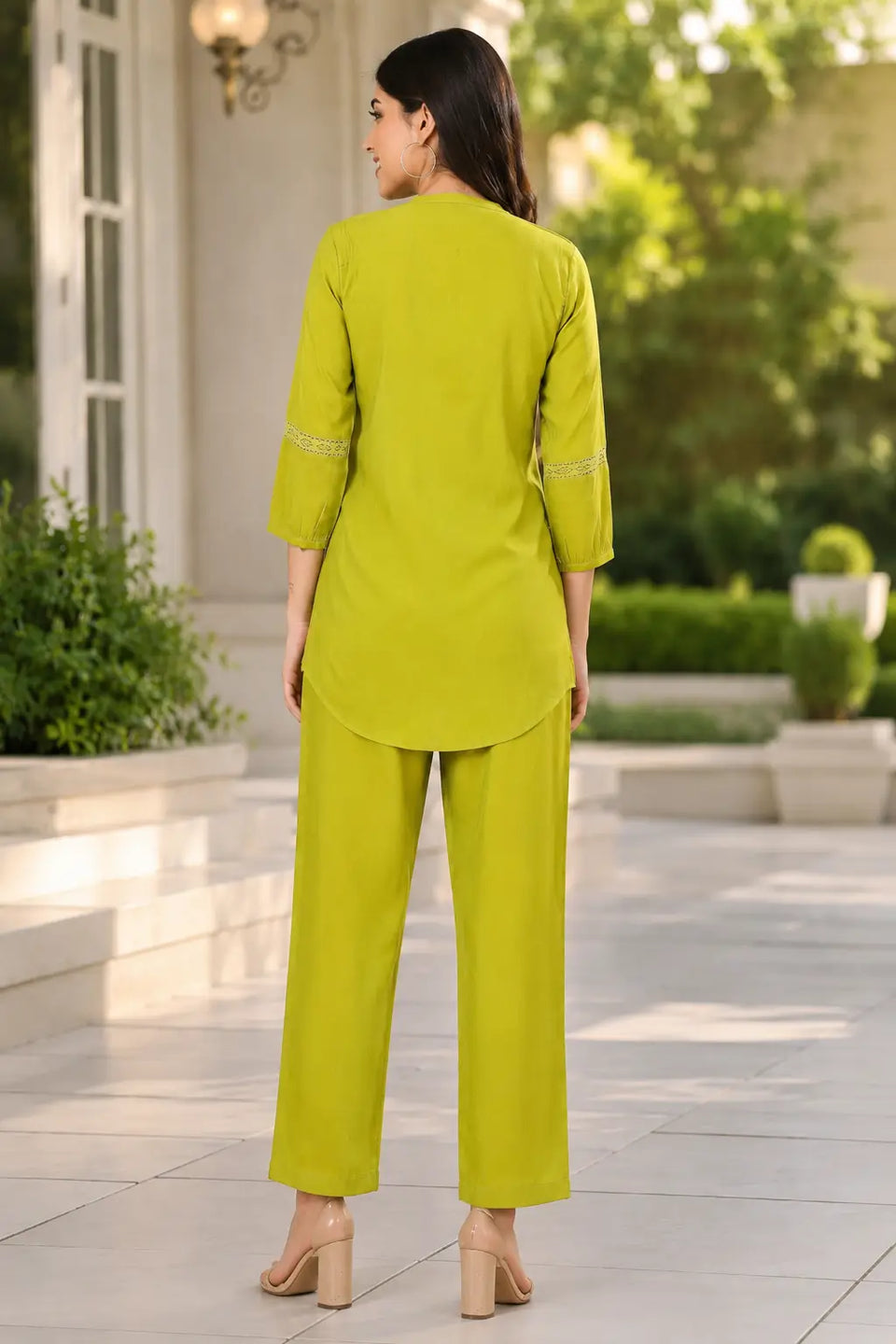 Rabric lime green vertican silk co-ord set back view showing plain solid short shirt, 3/4 sleeves with lace trim and matching no-pocket straight pants
