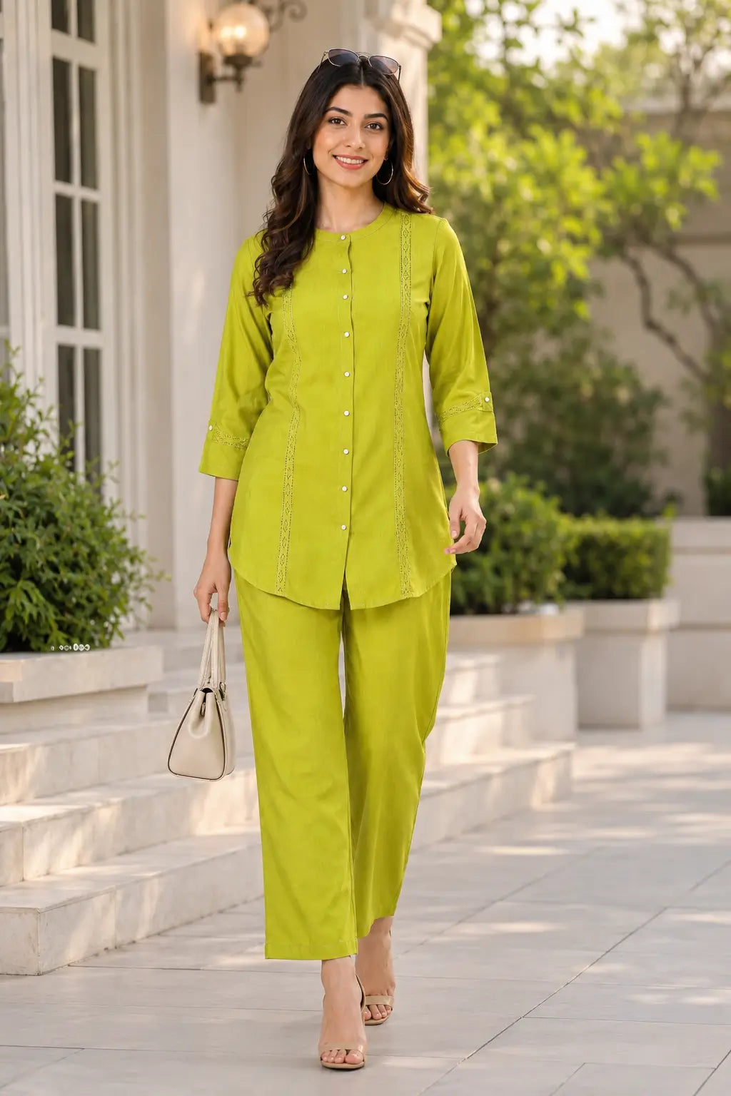 Rabric lime green vertican silk women co-ord set front view with solid fabric, button-down short shirt, lace panel detailing and matching straight pants