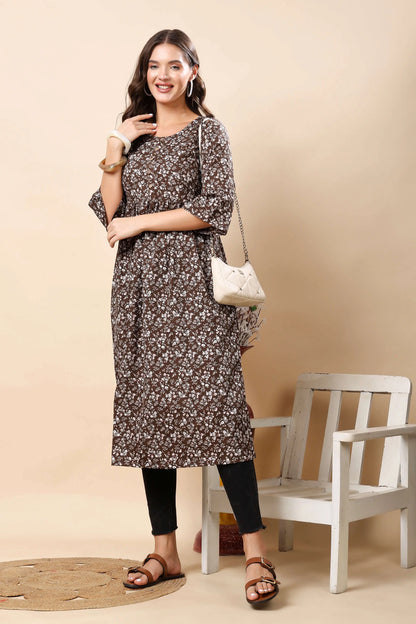 Flatlay Display of Rabric Brown Floral Kurti with Wooden Buttons