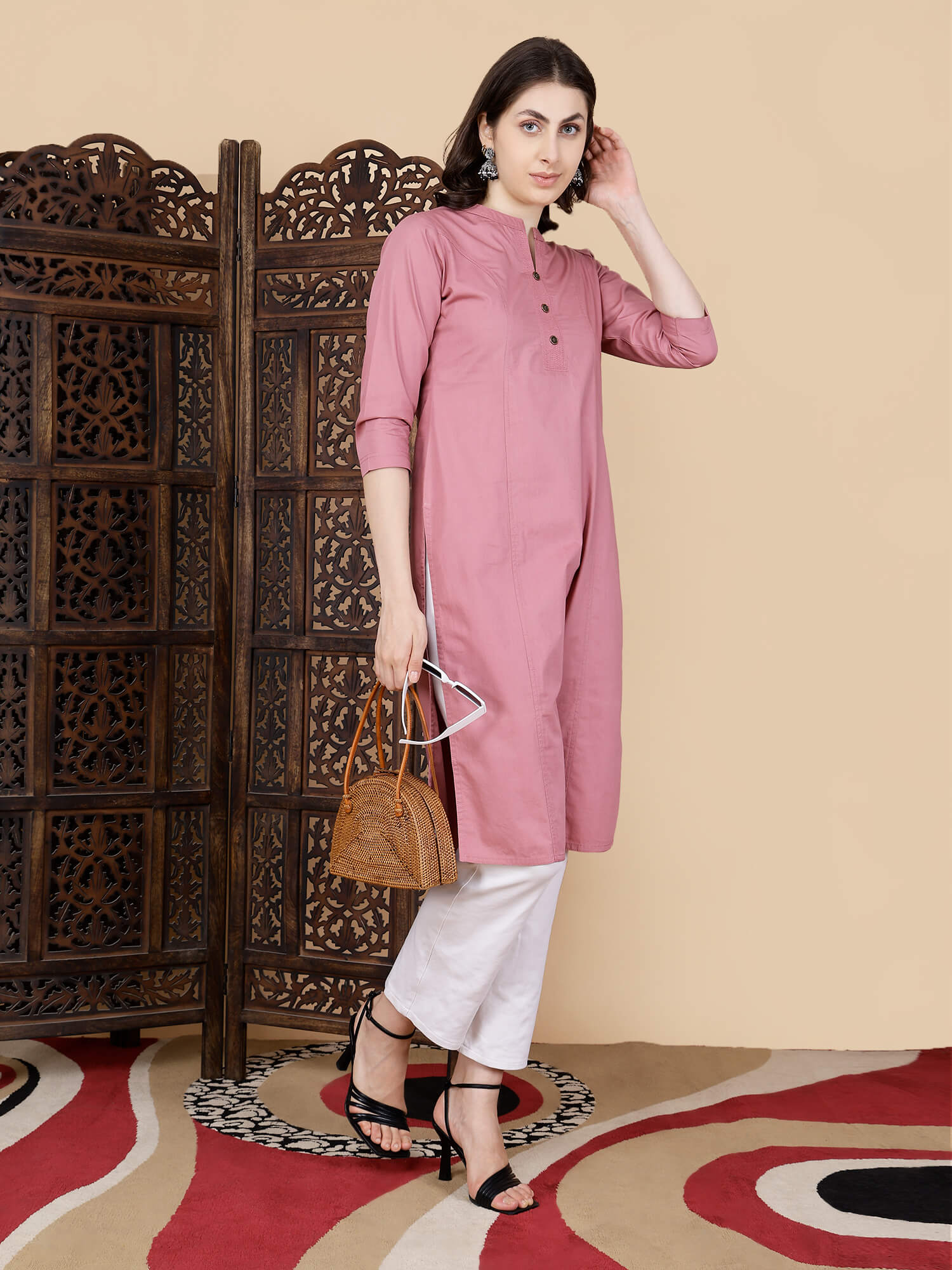 Elegant Long Cotton Kurti for Women by Rabric – Dusty Rose Pink Color