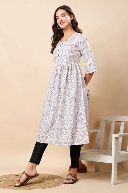 Elegant Floral Crepe Kurti with Wooden Buttons - Side View