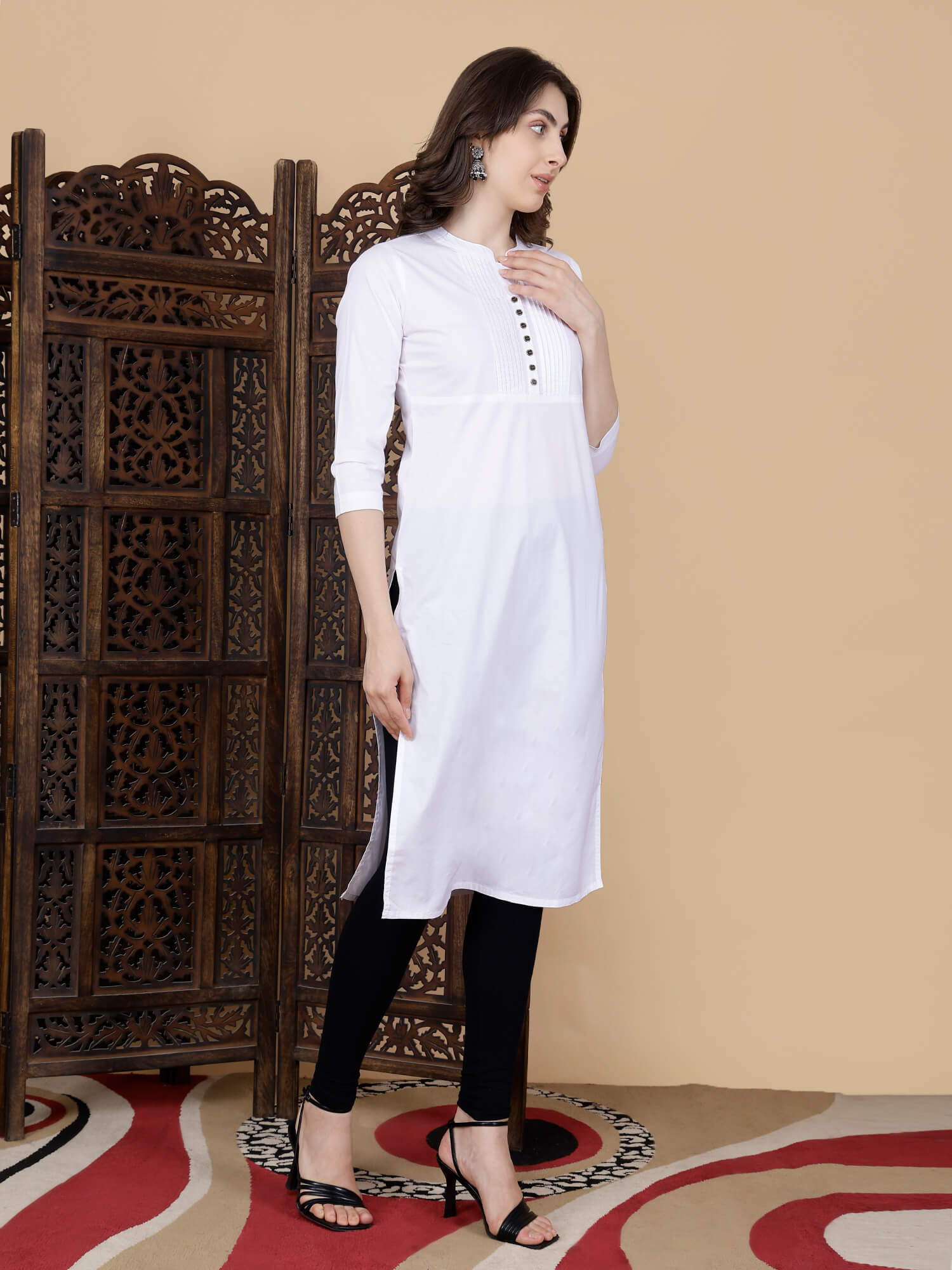 Three Quarter Sleeve White Long Kurti for Women