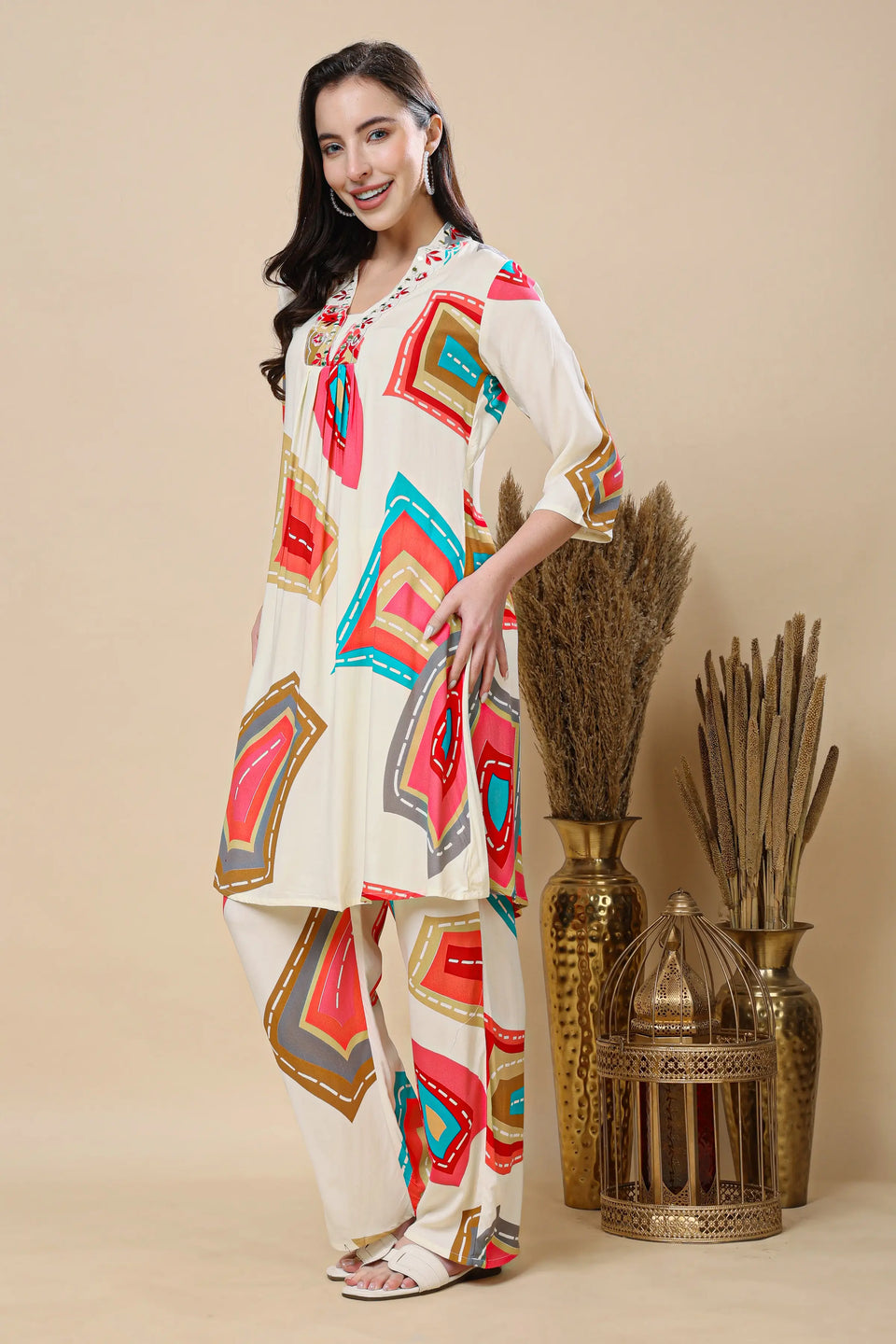 Side view of long kurti with pants from Rabric cotton co-ord set for women