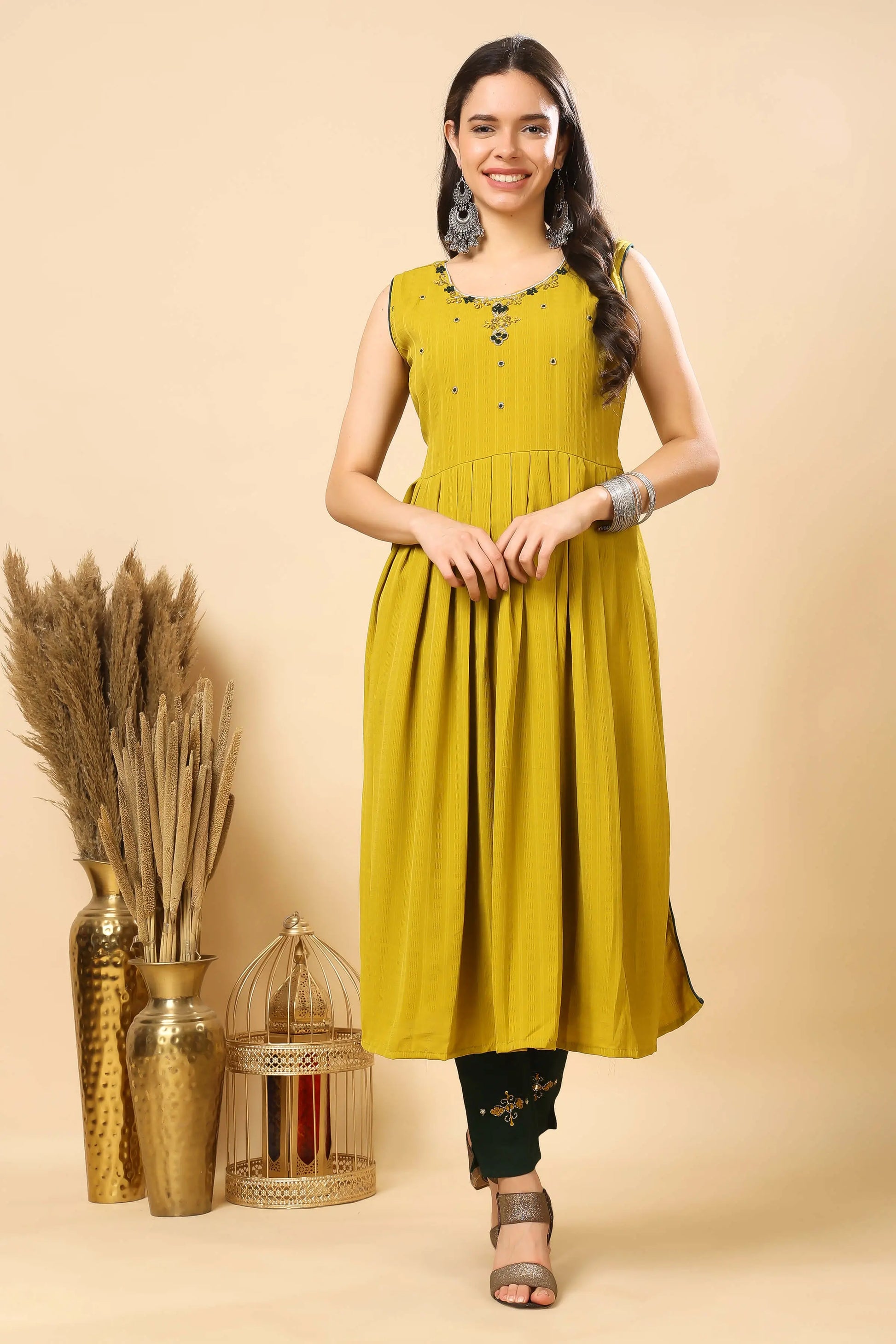 Long rayon kurti with pleated waist