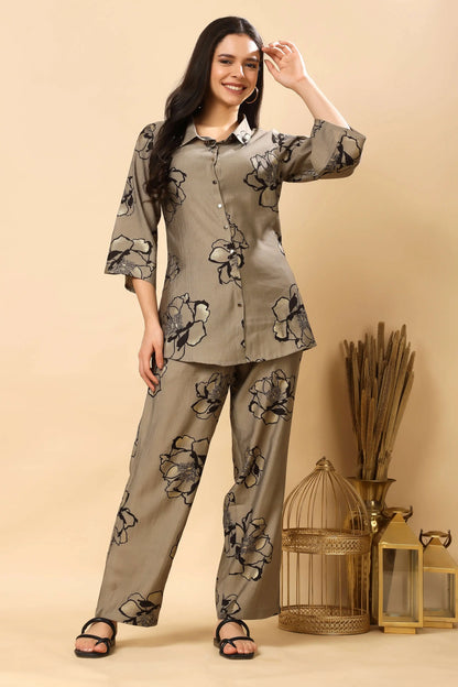 Side view of Rabric Beige Floral Co-ord Set for Women