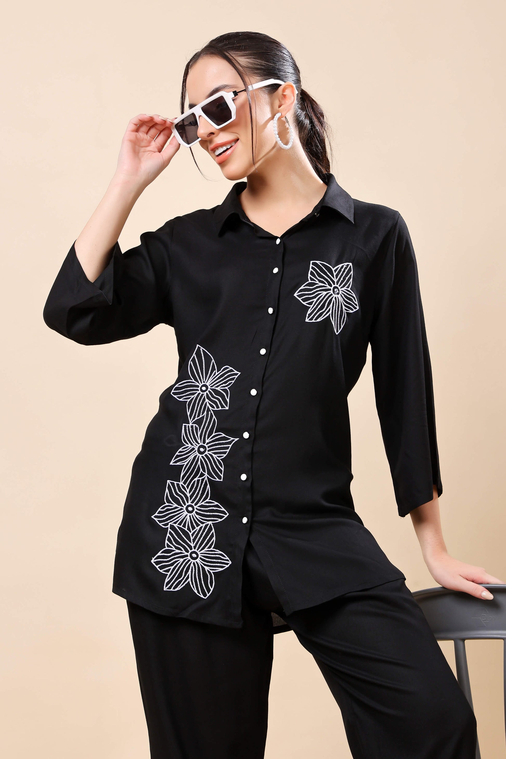 Flat lay of Rabric premium rayon black co-ord set for women