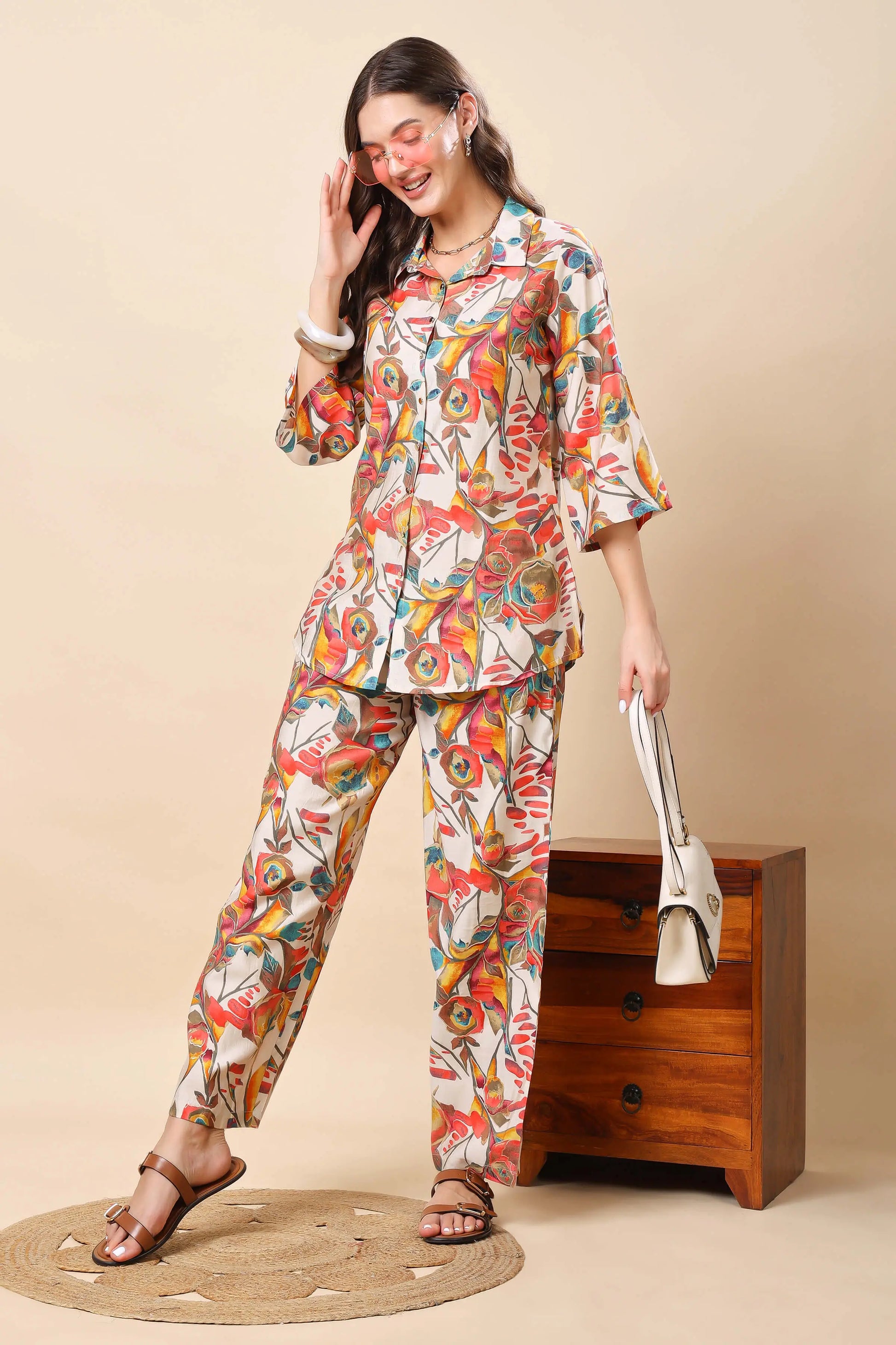 Lifestyle image of Rabric designer muslin co-ord set for women