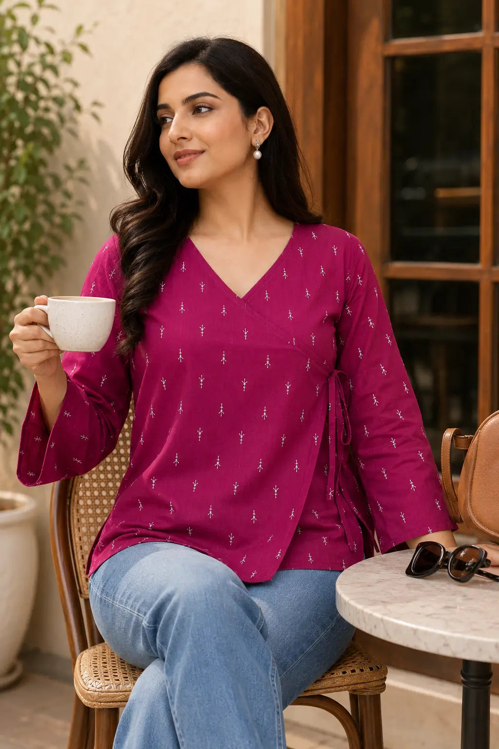 Stylish daily wear look featuring Rabric magenta cotton V neck wrap short top with white buti print and side tie detail