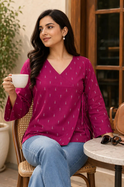 Stylish daily wear look featuring Rabric magenta cotton V neck wrap short top with white buti print and side tie detail