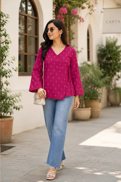 Woman wearing Rabric magenta cotton wrap short top with white buti print styled for casual daily wear fashion