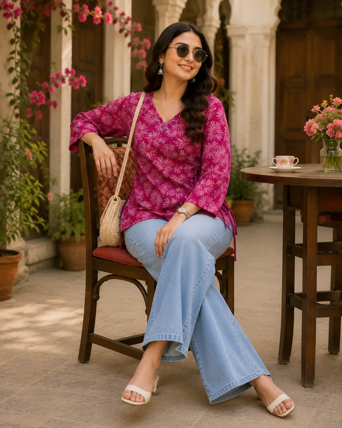Rabric magenta pink cotton floral print short top for women ideal for comfortable daily wear, outings and casual occasions.