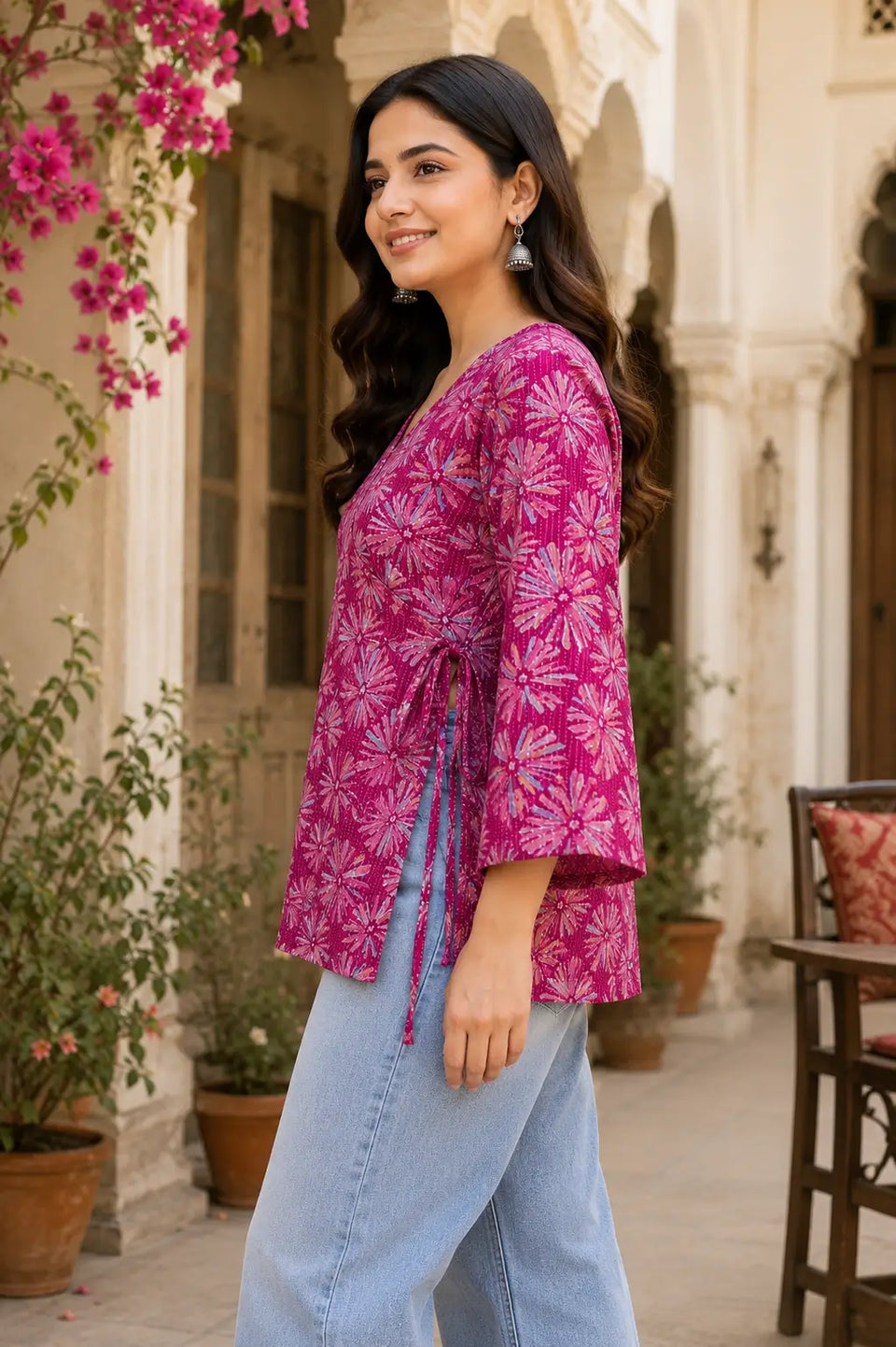 Side dori tie-up detail on Rabric magenta pink cotton floral print short top showing adjustable wrap style design.