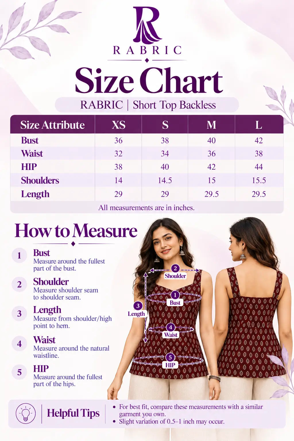 RABRIC maroon backless short top size chart for XS to L with bust, waist, hip, shoulder and length measurements