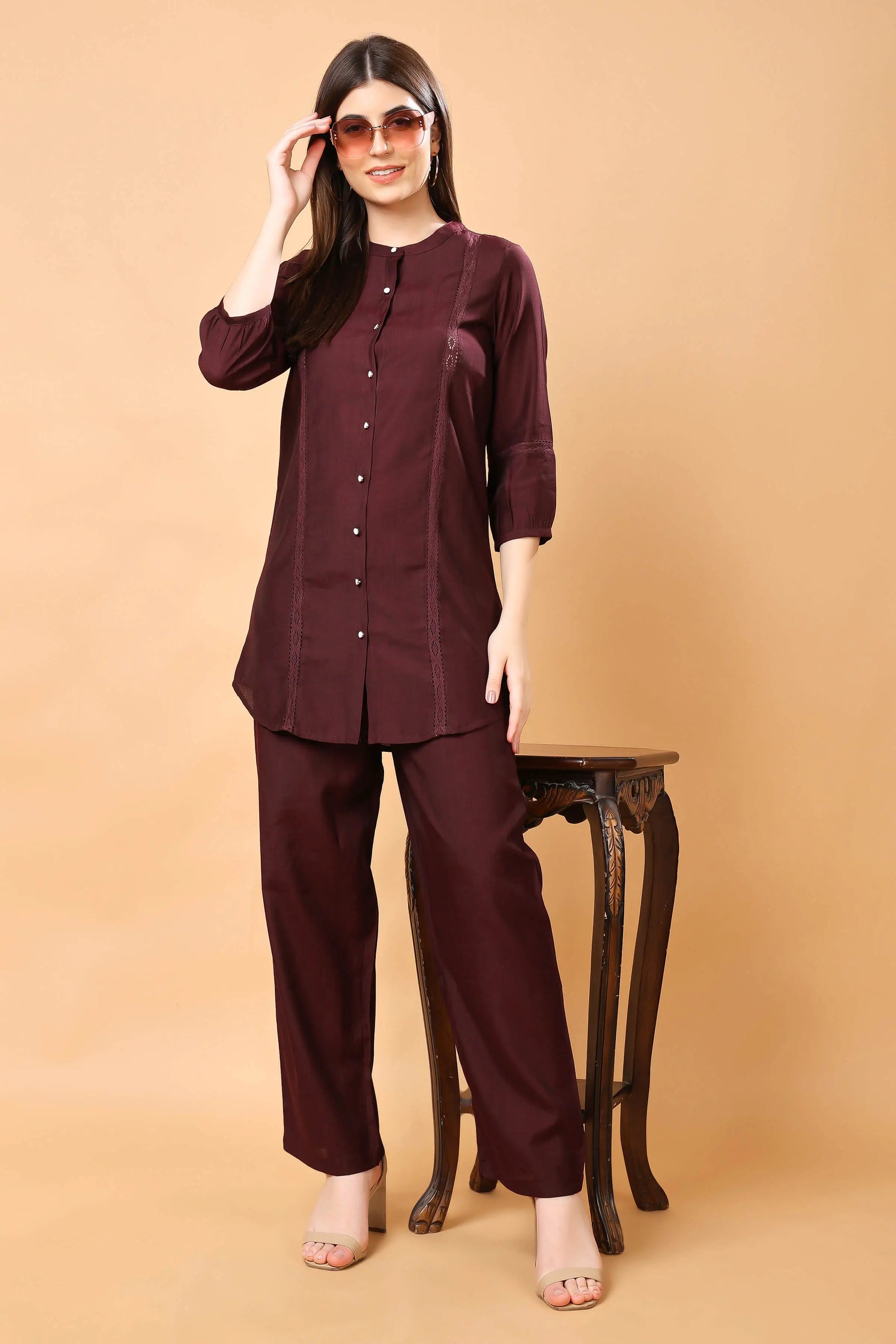 Full outfit view of Rabric Premium Maroon Co-ord Set