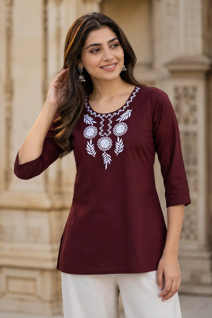 Rabric maroon cambric cotton embroidered short top for women front view with 3-4 sleeves and ethnic floral neck embroidery