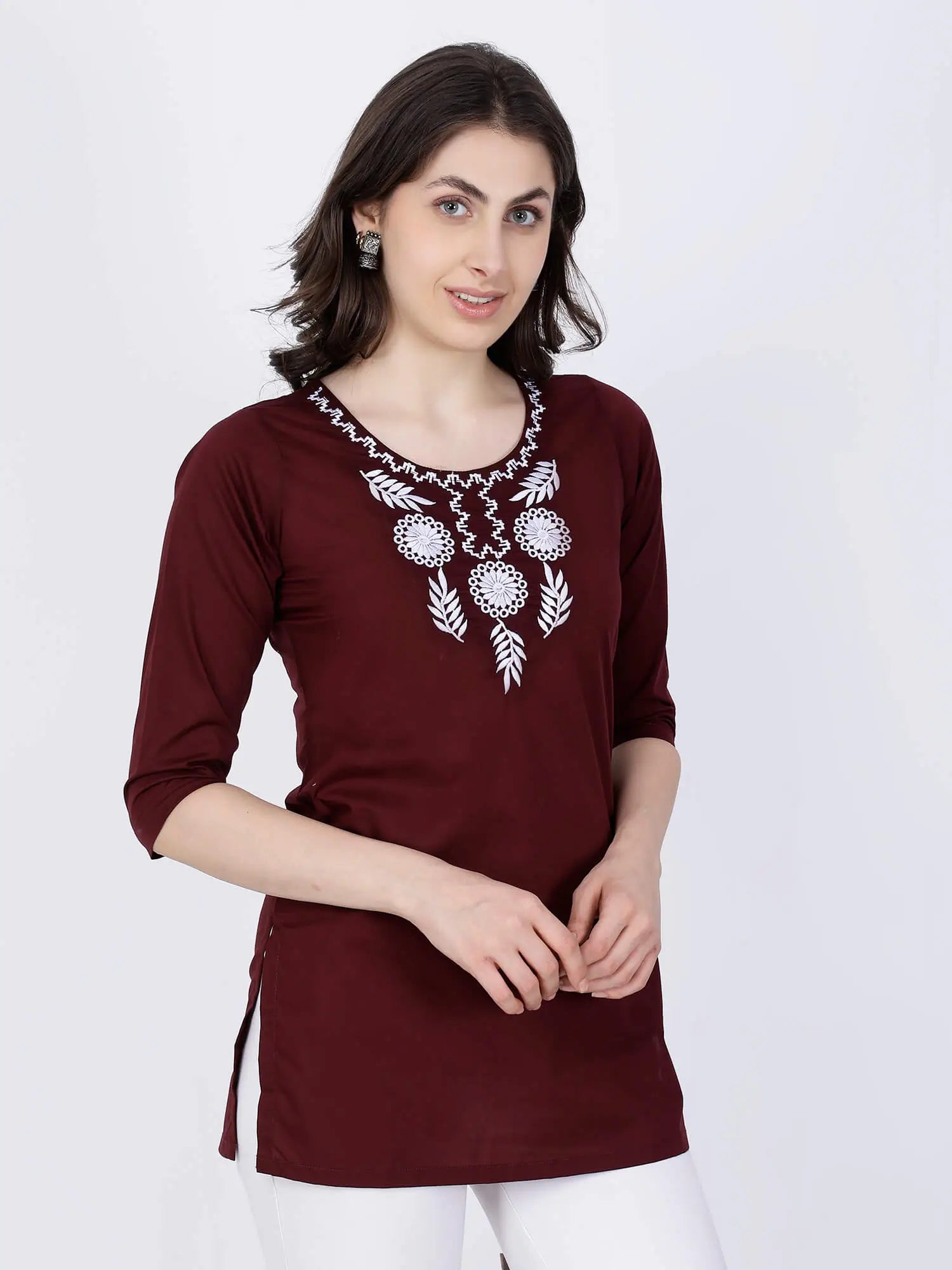 Sleeve Embroidery Detail of Rabric Maroon Poplin Cotton Kurti