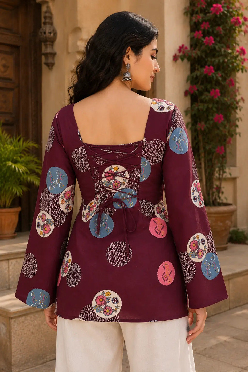Rabric maroon cotton short top with stylish back dori design, square back neck and circular floral print