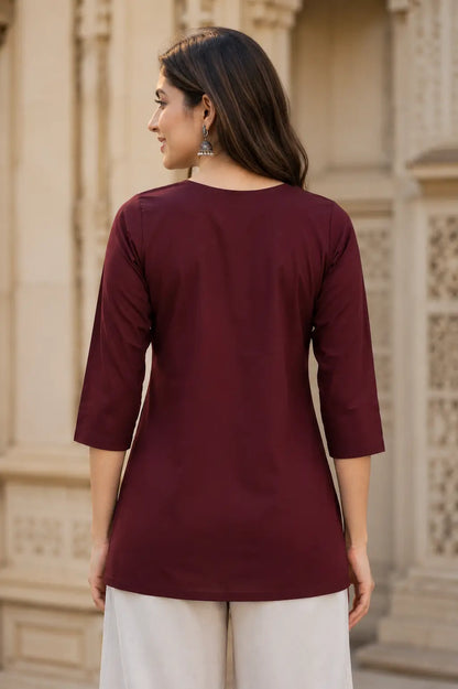 Back view of Rabric maroon cotton short top for women with 3-4 sleeves soft cambric cotton fabric and comfortable casual fit