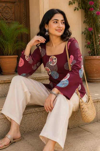 Rabric maroon cotton short top casual sitting pose with square neck, bell sleeves, cotton fabric and floral circle print