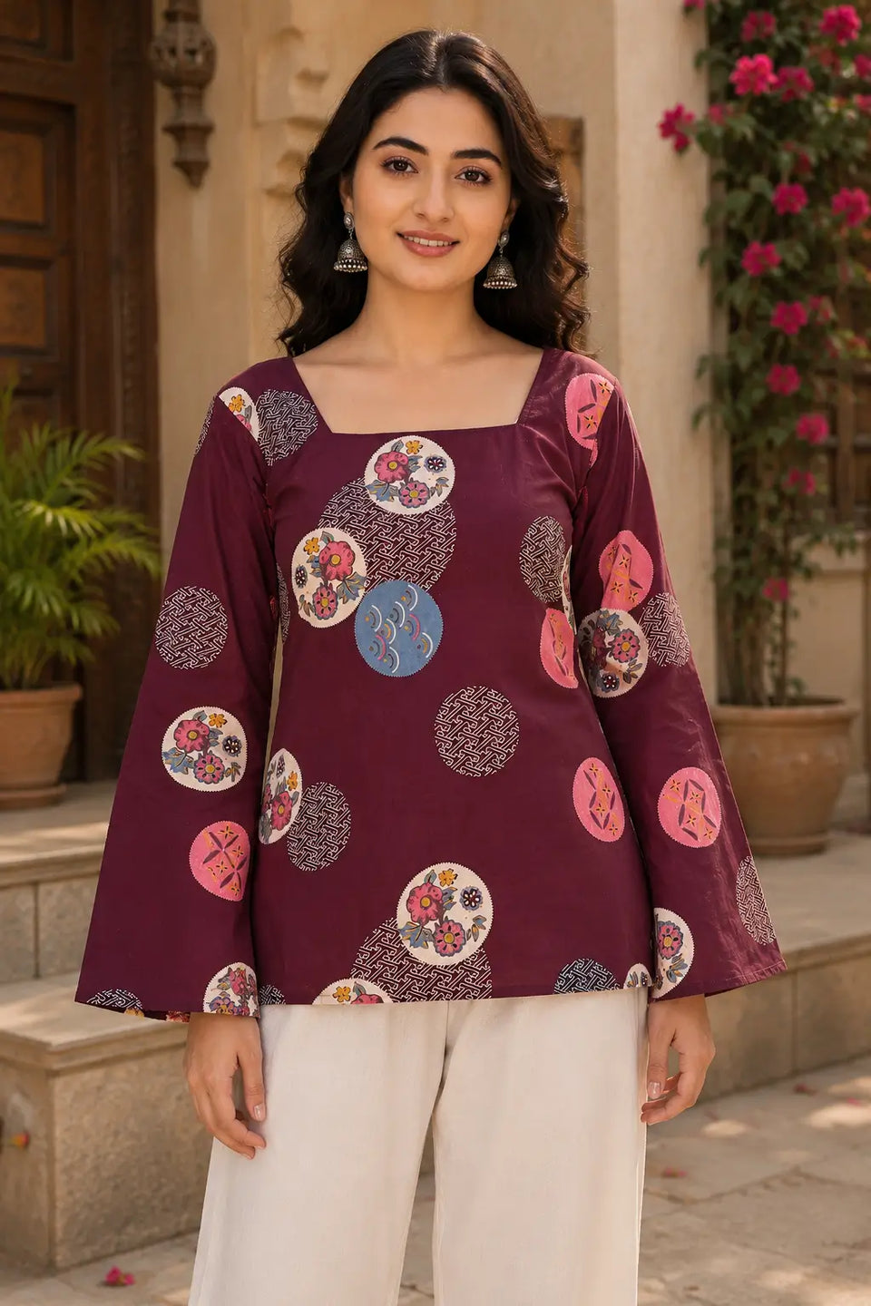 Rabric maroon cotton short top lifestyle look for women styled with wide leg pants and casual accessories