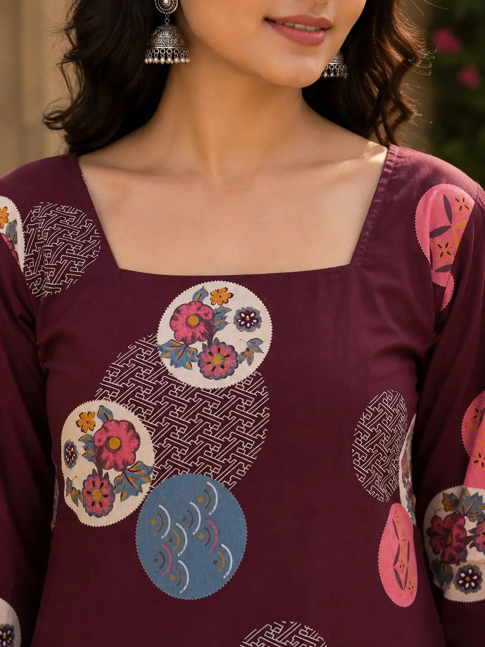 Rabric maroon cotton short top square neck closeup with soft cotton fabric and colourful circular floral print