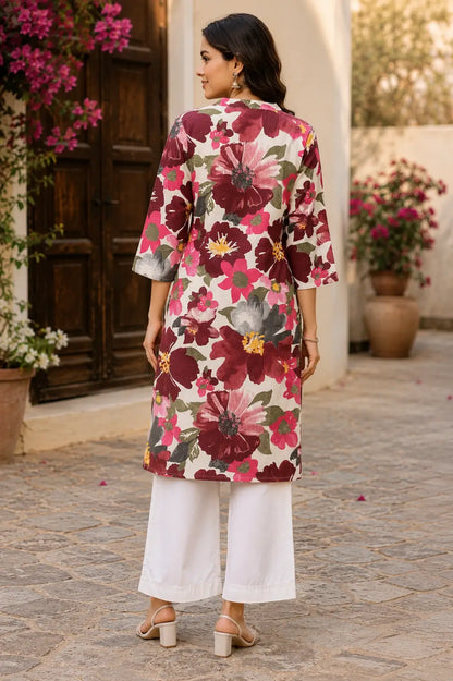 Back side view of Rabric maroon and pink floral print cotton kurti for women with elegant straight fit