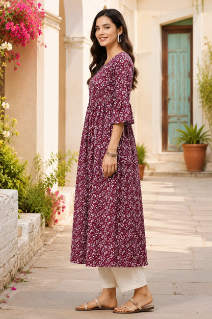 Side angle of Rabric maroon floral crepe kurti for women with flowy flare and stylish casual ethnic look