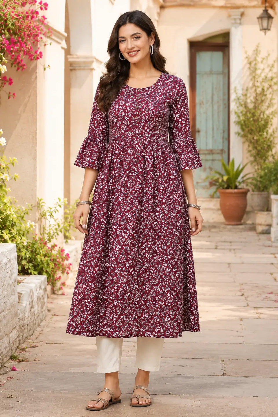 Rabric maroon floral crepe women kurti front view with round neck and 3-4 bell sleeves full length ethnic wear