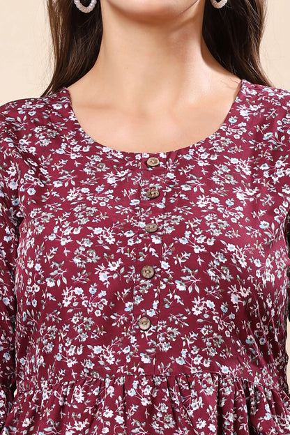 Side View of Rabric Maroon Floral Crepe Kurti with Designer Sleeves